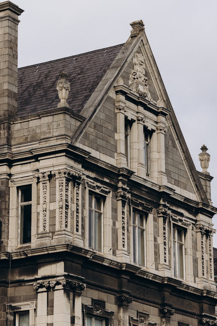 Close-up of a Gothic Revival style building in Dublin, showcasing intricate stonework.