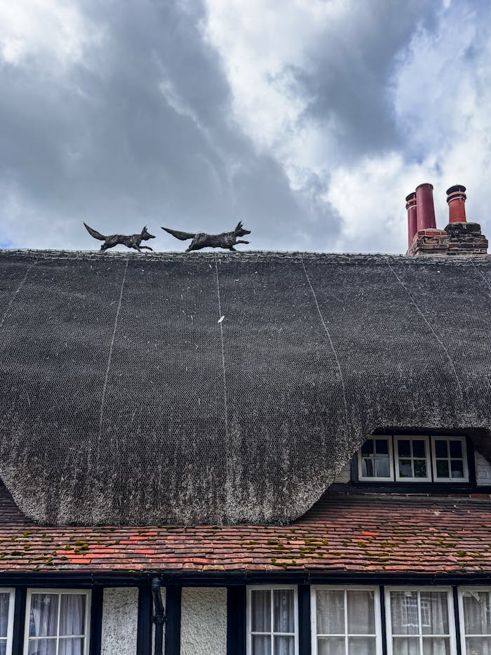 fox sculptures on thatched cottage roof